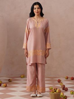 Kashmir Box - Aari Embroidered Mauve Ruby Cotton Round Neck Co-ord Set