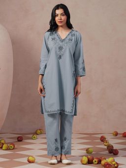 Kashmir Box - Aari Embroidered Grey Cambric Cotton V-Neck Co-ord Set