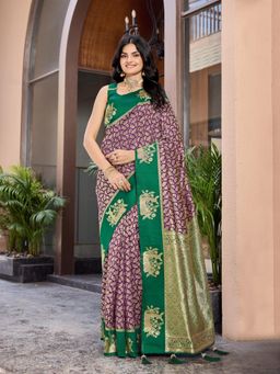 Manohari - Banarasi Purple Zari Work with Green Border Saree and Unstitched Blouse