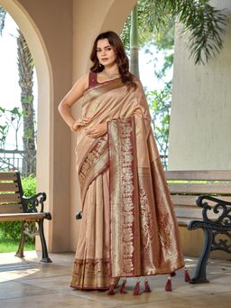 Manohari - Women's Beige Ethnic Banarasi Silk Saree with Unstitched Blouse