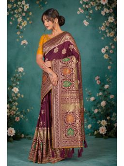 Monjolika Fashion - Women Maroon Soft Banarasi Style Silk Saree With Unstitched Blouse