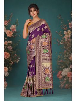 Monjolika Fashion - Women Purple Soft Banarasi Style Silk Saree With Unstitched Blouse
