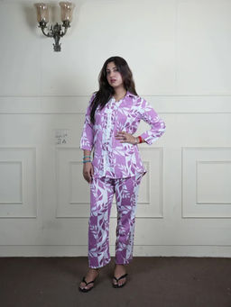 FashionTownie - Cotton Silk Purple Collar Neck Three Fourth Sleeves Co-ord Set
