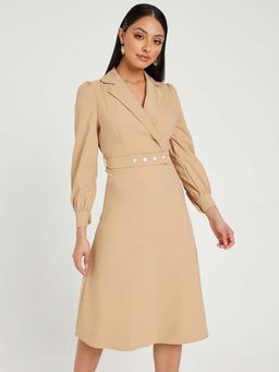 Styli - Beige Long Sleeves Notch Neck Midi Dress With Button Detail