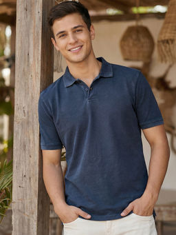 Bewakoof - Mens Navy Blue Solid/Plain Cotton Polo T-Shirt