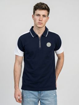 Rock.it - Mens Navy Blue Colorblock Cotton Lycra Polo T-Shirt