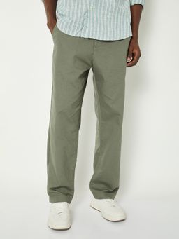 max - Mens Olive Solid/Plain Cotton Blend Trousers