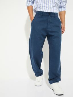 max - Mens Navy Blue Solid/Plain Cotton Blend Trousers