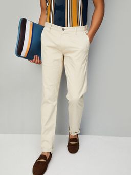 max - Mens Beige Solid/Plain Cotton Blend Trousers