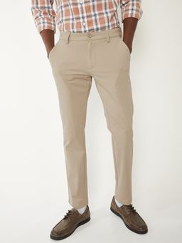 max - Mens Beige Solid/Plain Cotton Blend Trousers