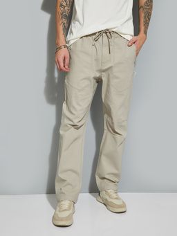 max - Mens Off White Solid/Plain Cotton Blend Trousers