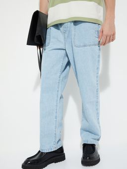 max - Mens Blue Solid/Plain Cotton Blend Trousers