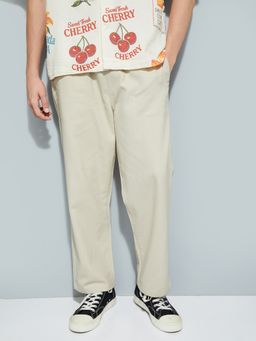 max - Mens Beige Solid/Plain Cotton Blend Trousers
