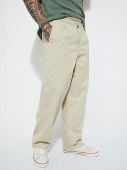max - Mens Beige Solid/Plain Pure Cotton Trousers