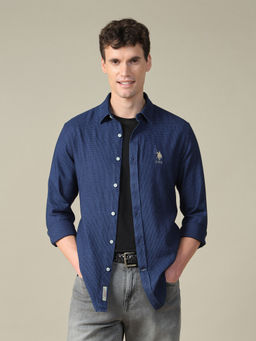 U.S. Polo Assn. Denim Co. - Mens Blue Self Design Cotton Shirt