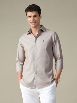 U.S. POLO ASSN. - Mens Beige Solid/Plain Cotton Shirt