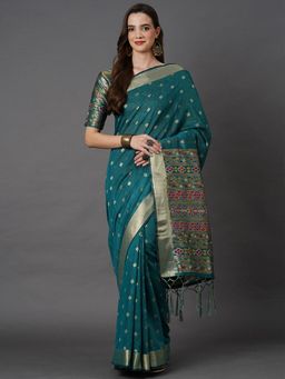 Akhilam - Women Cotton Silk Teal Blue Woven Design Designer Saree with Unstitched Blouse Piece
