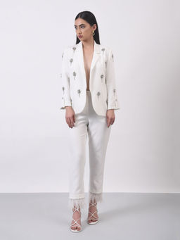 Attic Salt - White Embellished Broaches Blazer