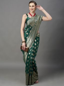 Akhilam - Womens Cotton Silk Green Woven Design Saree with Unstitched Blouse