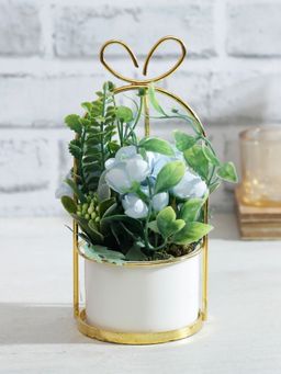Tayhaa - Blue and Green Artificial Plant with Flowers and Gold Plated Metal Stand