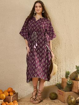 SAY - Purple Floral Print V-Neck Pure Cotton Kaftan Nightdress for Women
