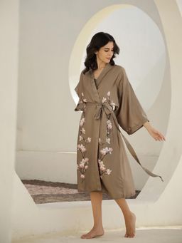 SAY - Brown Floral Print V-Neck Satin Wrap Nightdress for Women