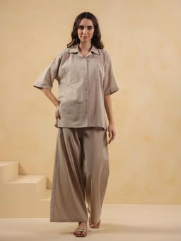 SAY - Beige Solid Shawl Lapel Pure Cotton Night Suit for Women