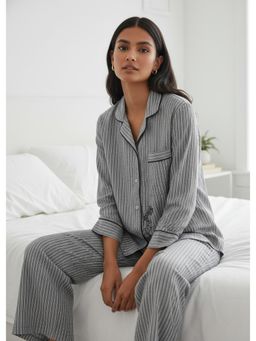 SAY - Grey Stripes Shawl Lapel Pure Cotton Night Suit for Women