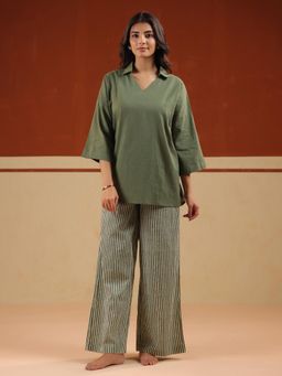 SAY - Olive Stripes Pure Cotton Night Suit for Women