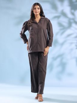 SAY - Grey Solid Shawl Lapel Cotton Blend Night Suit for Women