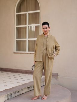 SAY - Beige Solid Mandarin Neck Cotton Blend Night Suit for Women