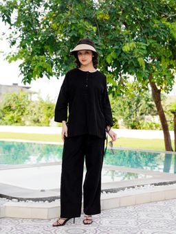 SAY - Black Solid Round Neck Cotton Blend Night Suit for Women