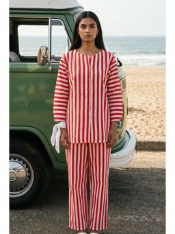 SAY - Red Stripes Round Neck Pure Cotton Night Suit for Women