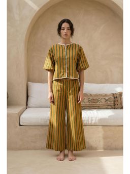 SANSKRUTIHOMES - Mustard Stripes Round Neck Pure Cotton Night Suit for Women
