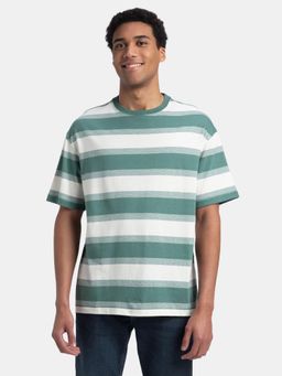 Jockey - UM24 Men Cotton Rich Striped Oversized T-Shirt - Ecru and Green Spruce