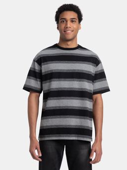 Jockey - UM24 Men Cotton Rich Striped Oversized T-Shirt - Mid Grey Melange and Black