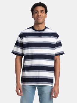 Jockey - UM24 Men Cotton Rich Striped Oversized T-Shirt - White and Navy Melange