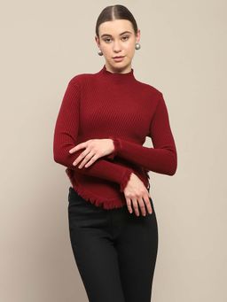 Madame - Fur Cuffs and Hem Burgundy Sweater