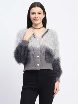 Madame - Embellished V-Neck Grey Cardigan