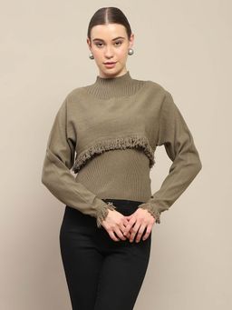 Madame - Front Ripped Full Sleeve Olive Sweater