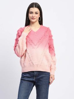 Madame - Ombre Print Textured V-Neck Pink Sweater