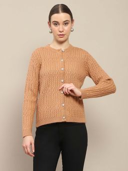 Madame - Cable Knit Round Neck Rosewood Brown Cardigan