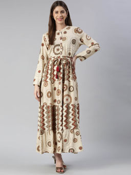 NEERU'S - Beige Maxi Casual Printed & Embroidered Dress (Set of 2)