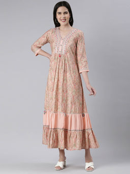 NEERU'S - Peach Maxi Casual Printed & Mirror Work Dress