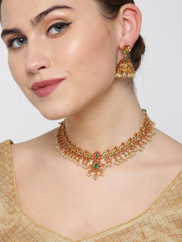 Priyaasi - Maroon & Green Stone Studded Necklace With Earrings
