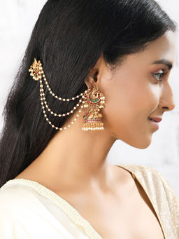 Priyaasi - Beads Stones Gold Plated Peacock Chained Jhumka Earring