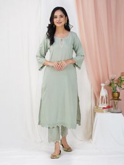 Zuri - Green Hand Resham Embroidered Cotton Kurta Paired with Matching Pant (Set of 2)