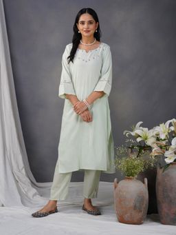 Zuri - Pista Hand Embroidered Cotton Kurta