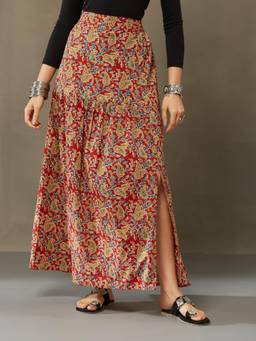 Gahan - Womens Red Cotton Side Slit Printed Skirt