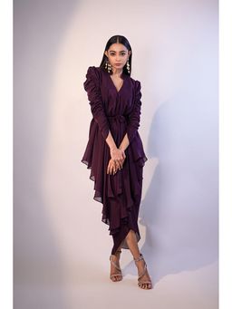 "Two Sisters" by Gyans - Purple Satin Mandarin Neck Solid/Plain Dress